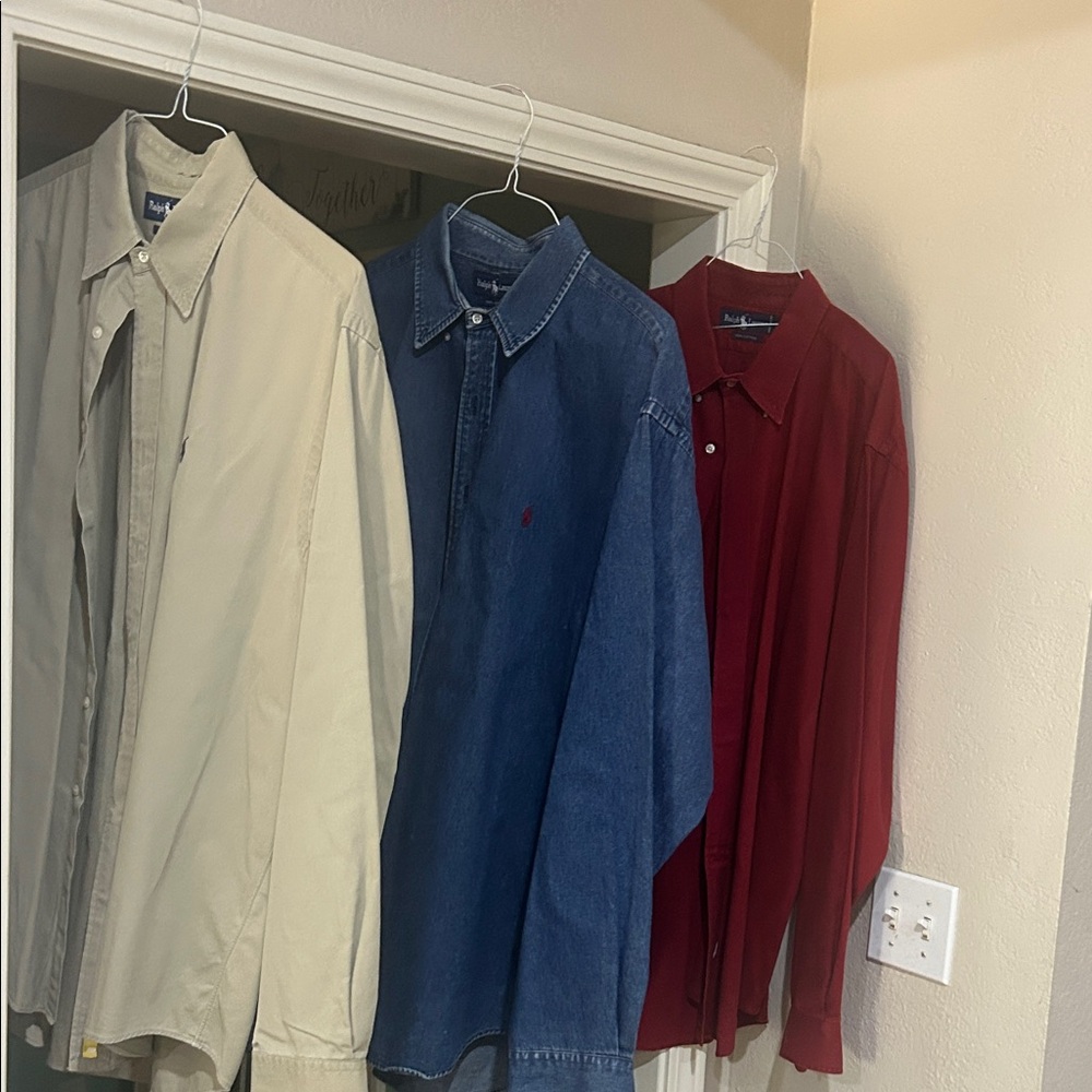 Ralph Lauren Tan, Denim Blue, and Deep Red Shirts